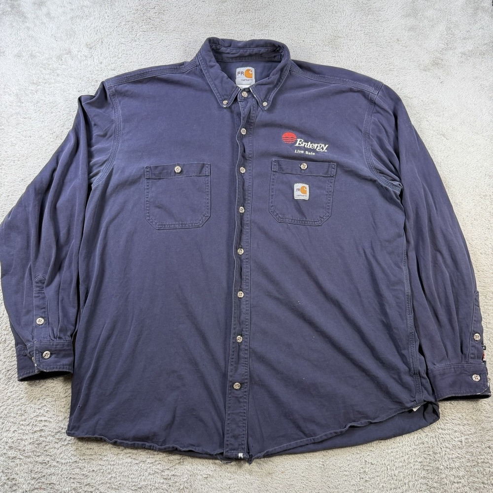 Carhartt FR Shirt Mens XL Navy Flame Resistant Long Sleeve Button Down Work
